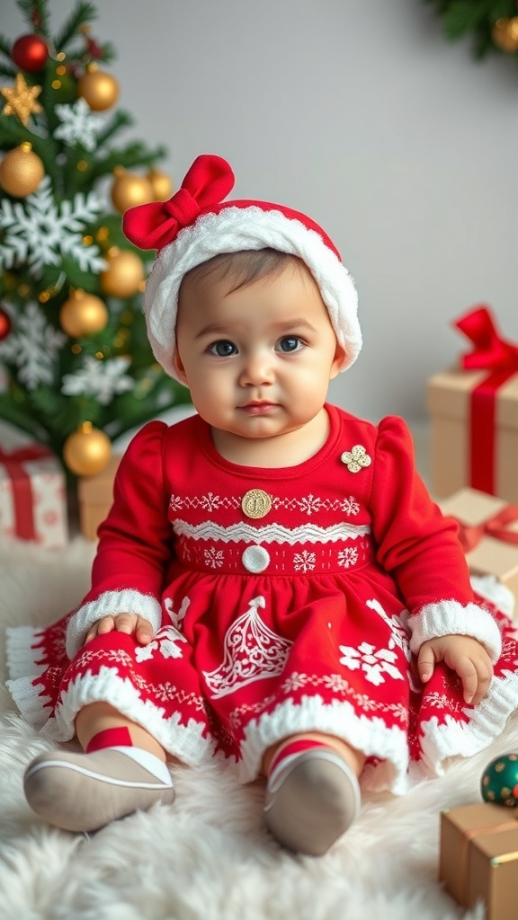 Baby girl in a red and white Christmas dress sitting on a blanket with holiday decorations.